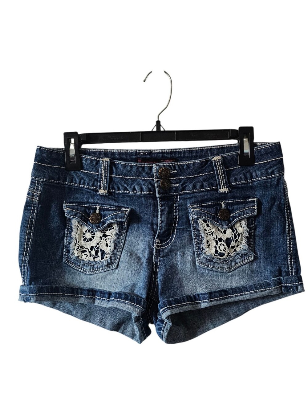 Y2K No Boundaries Lace Pocket Denim Shorts Low Rise Cuffed Blue Jean Size 13